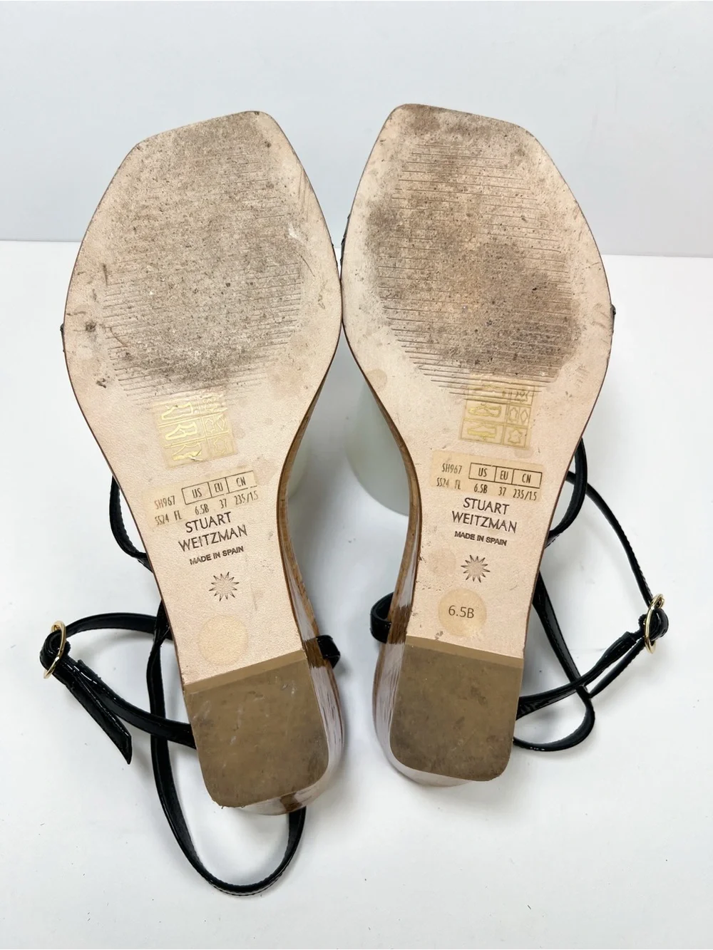 Stuart Weitzman Oasis 50 Wedge Sandal Black Patent Leather Cork size 6.5B